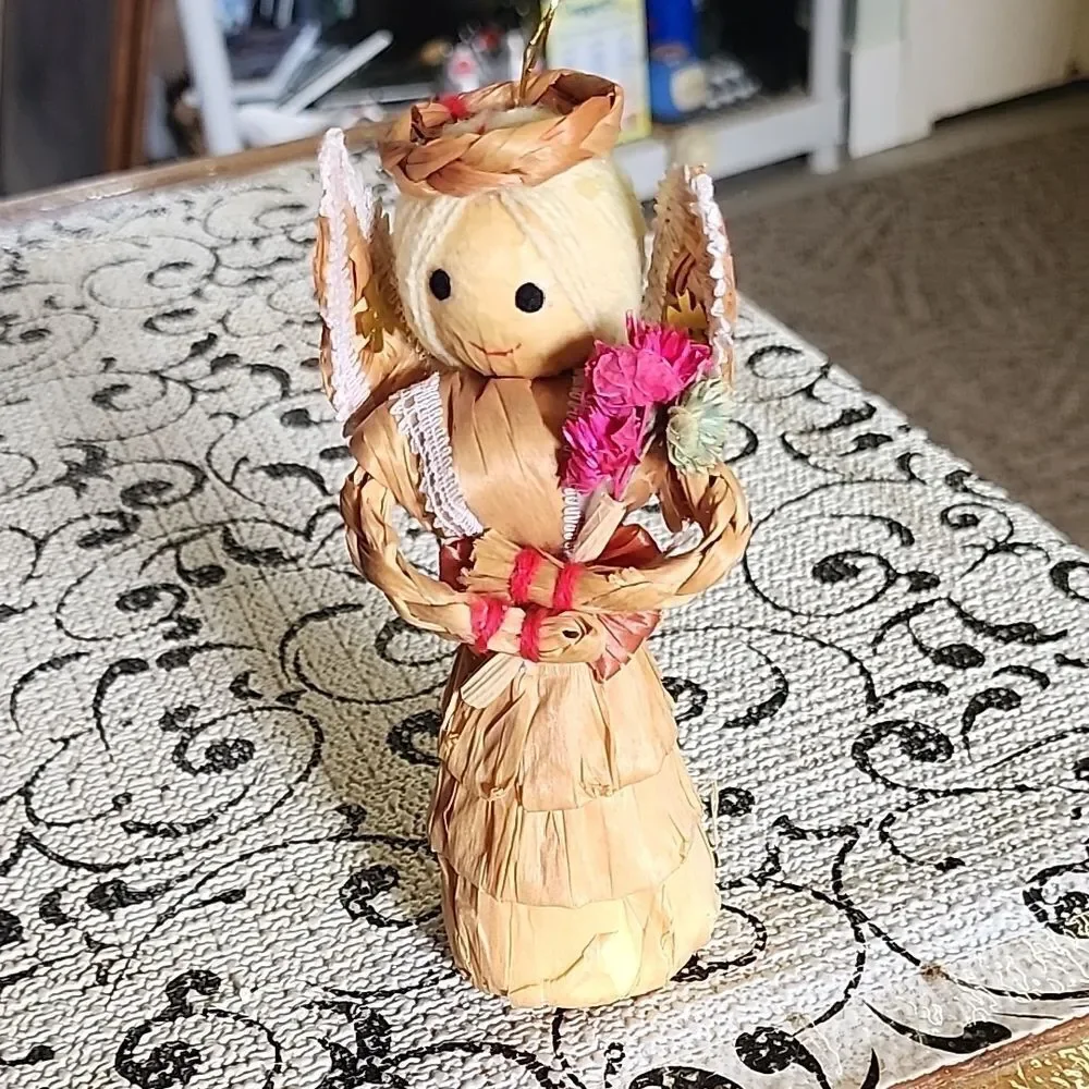 Straw Angel Ornament with Pink Flowers
